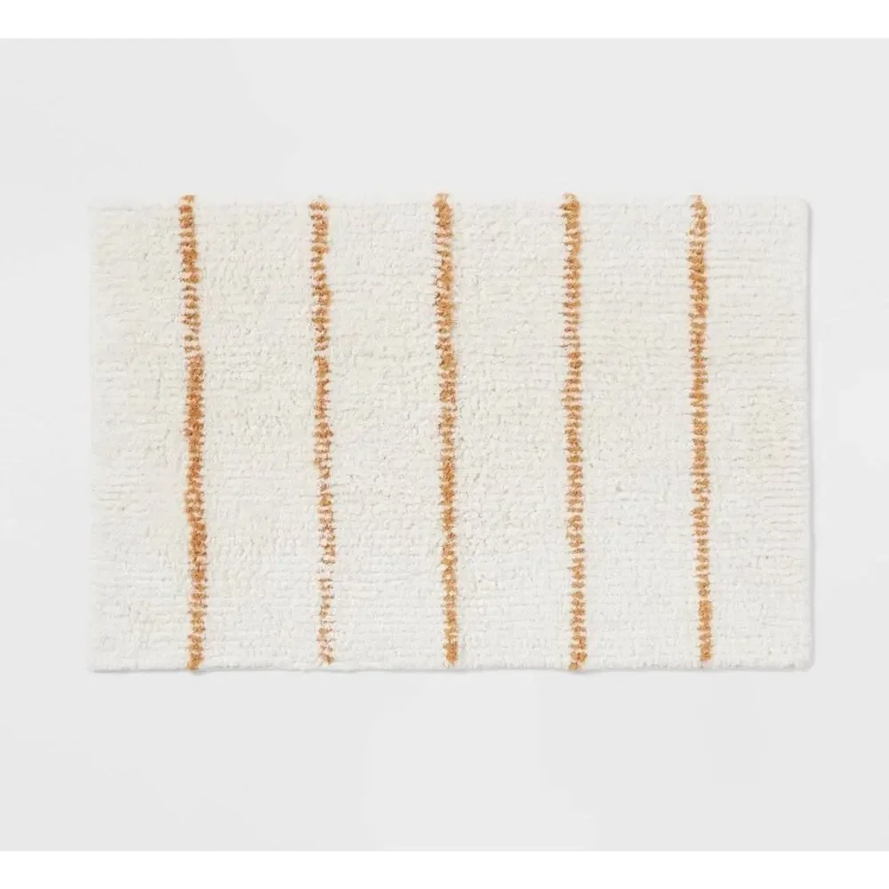 Threshold Bath Rug Modern Tufted Cream/Yellow Stripe 100% Cotton 20”x 30” NEW - Picture 1 of 11